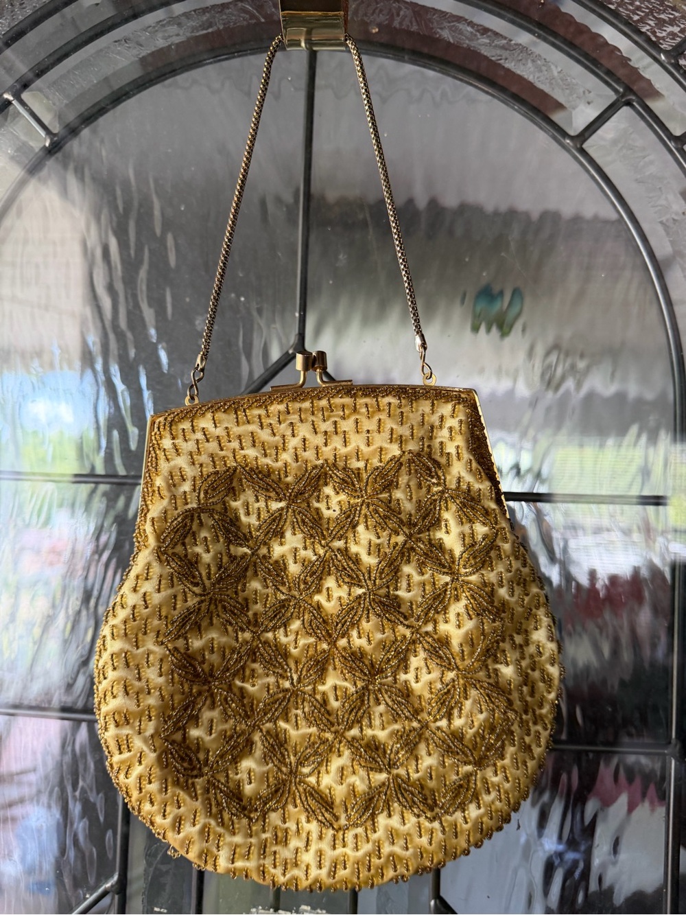 Gold Beaded Evening Clutch with Chain Strap